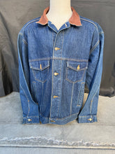 Load image into Gallery viewer, Marlboro Dark Blue Denim Jean Jacket with Worn Leather Collar size XL!
